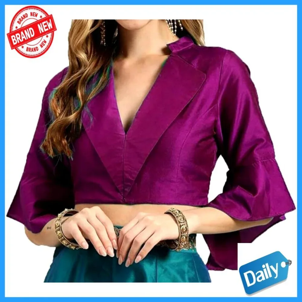 Girls Dupion Silk Blouse Band Collar Bell Sleeves Side Zipper Choli